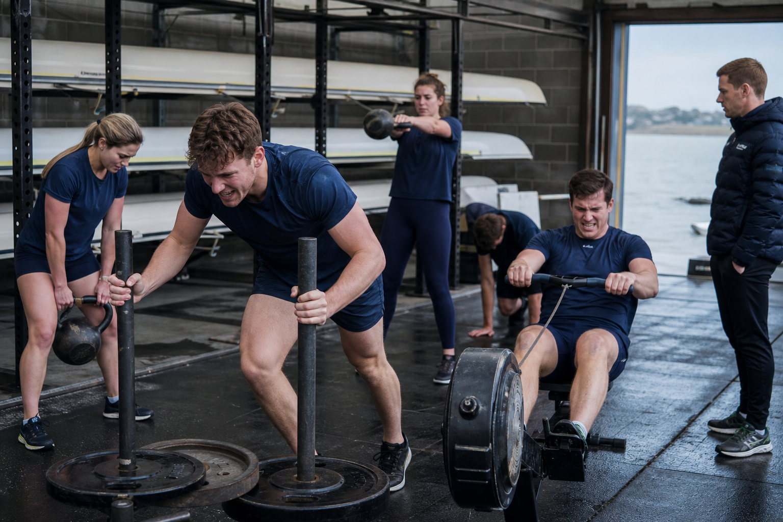 AI-mockup af Beach Sprint-atleter i eksplosiv funktionel træning med slæde, kettlebells og korte ergometerintervaller.