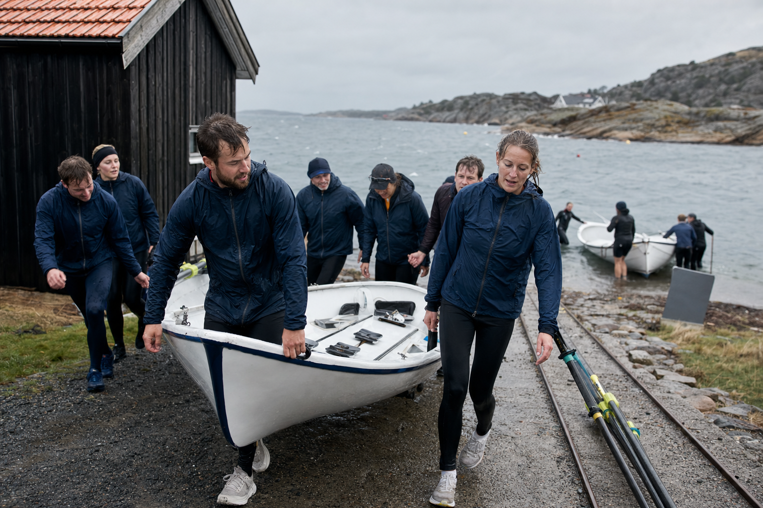 AI-mockup af et vådt og træt hold, der sammen bærer coastalbådene op fra vandet.