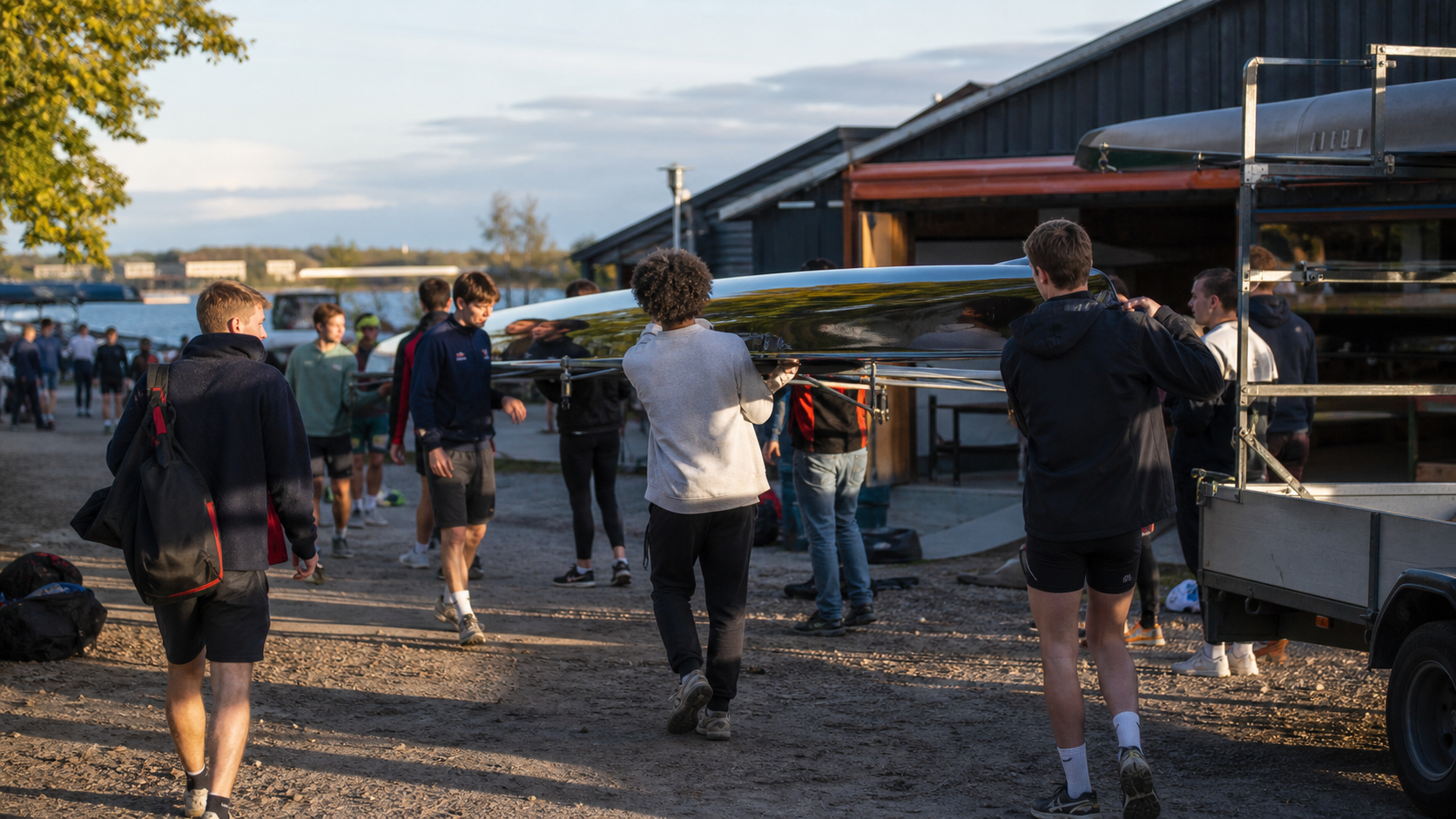 AI-mockup af danske og internationale studerende, der ankommer med båd og trailer til en regatta i udlandet.