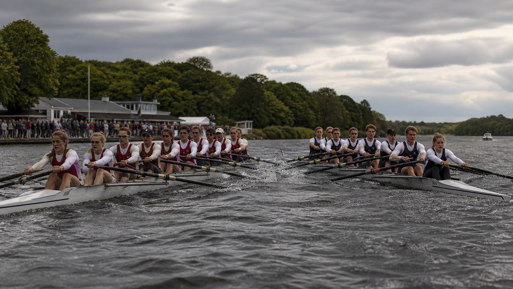 AI-mockup af to universitetshold i tæt konkurrence side om side på en regattabane.